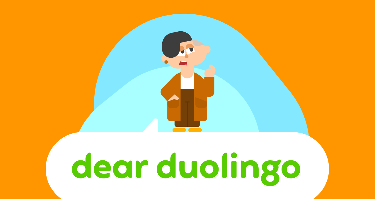Dear Duolingo logo with the Duolingo character Lin standing and looking off into the distance with a quizzical look on her face