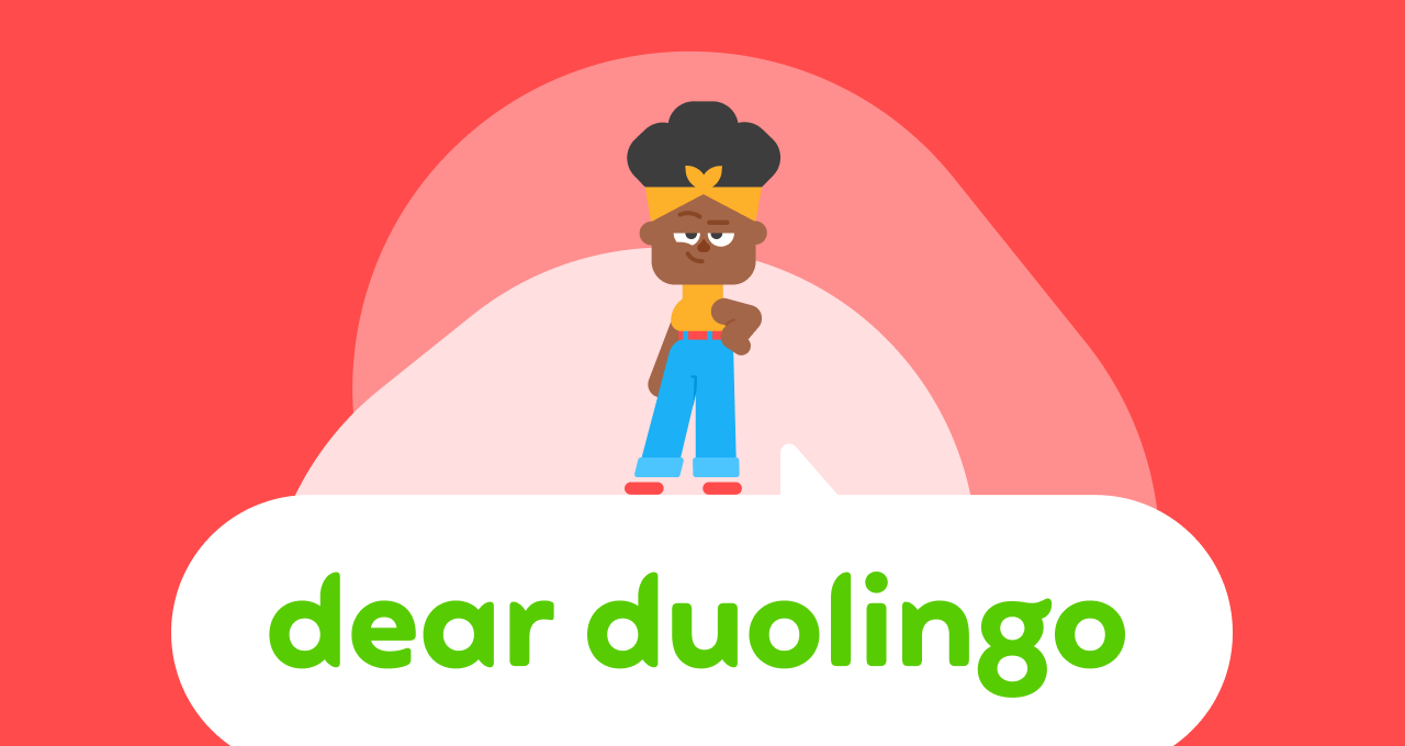 Illustration of the Dear Duolingo logo with the Duolingo character Bea standing atop it and looking straight at the viewer