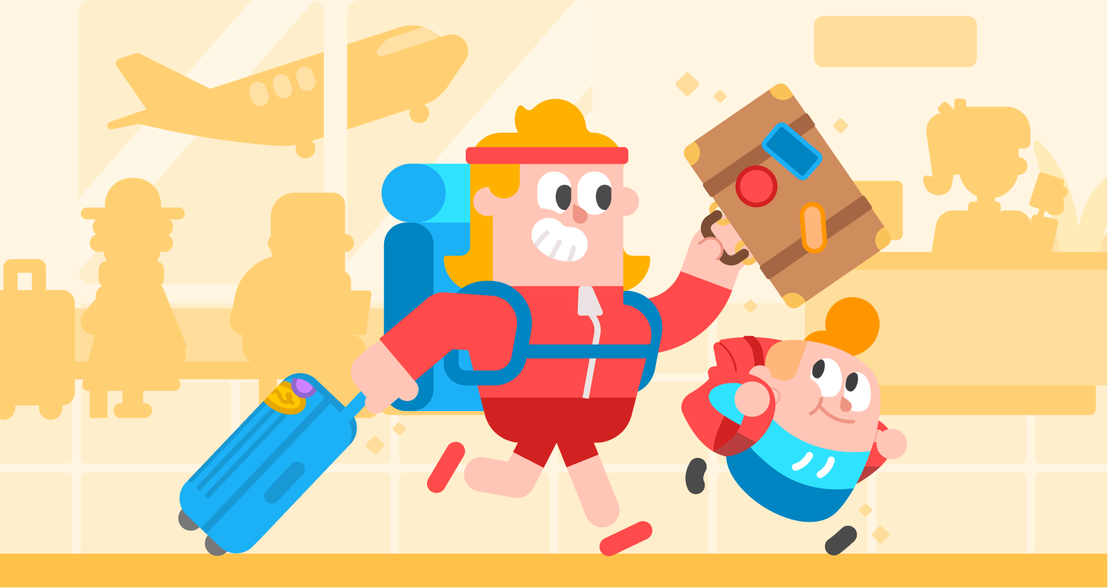 Dibujo de los personajes de Duolingo Eddy y Junior corriendo con alegría en un aeropuerto. Eddy lleva una mochila, arrastra un bolso con ruedas con una mano y lleva una maleta en la otra. Junior corre a su lado con una mochila. En el fondo pueden verse otros turistas y sus equipajes, un empleado detrás de un mostrador y un avión que despega.