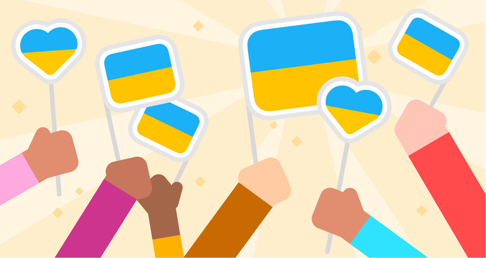 Ilustração de seis mãos segurando seis bandeiras da Ucrânia. Algumas são retângulos típicos e outras são corações. As mãos têm uma variedade de tons de pele e as mangas das roupas têm cores diferentes. Há um leve padrão de raios de sol e pontos cintilantes vindo de trás das bandeiras.