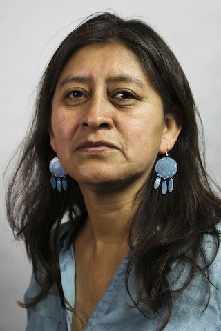Photograph of Dr. Hilaria Cruz. She is looking at the camera and is smiling slightly. She has long, wavy, dark hair, and is wearing large light-blue earring of a big center circle and three smaller ovals hanging below.