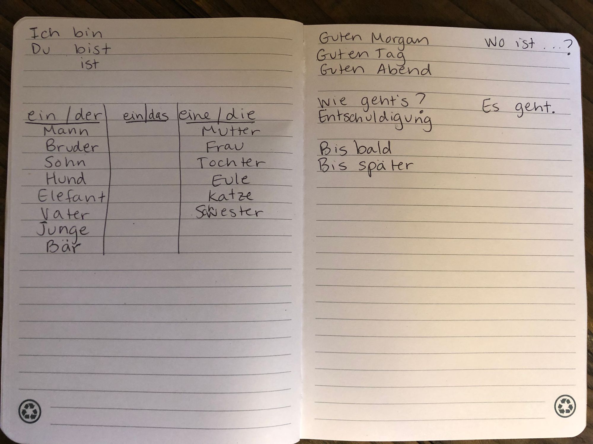 Photograph of two pages of an open notebook. They show notes in German, including some verbs, three columns for nouns of different grammatical genders, common greetings for different times of day, important questions, and a lot of blank space. More will be added to these pages!