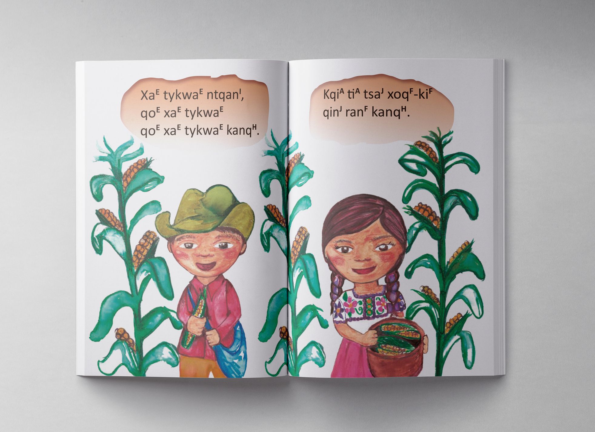 Photograph of a book in Chatino. It is open so two pages are visible. At the top of each page are 2-3 lines of written Chatino. Below the writing are colorful drawings of tall stalks of corn and two people. The person on the left is a man in a hat holding an ear of corn and a bag over his shoulder. The person on the right is a woman wearing two long braids and carrying a basket of corn.