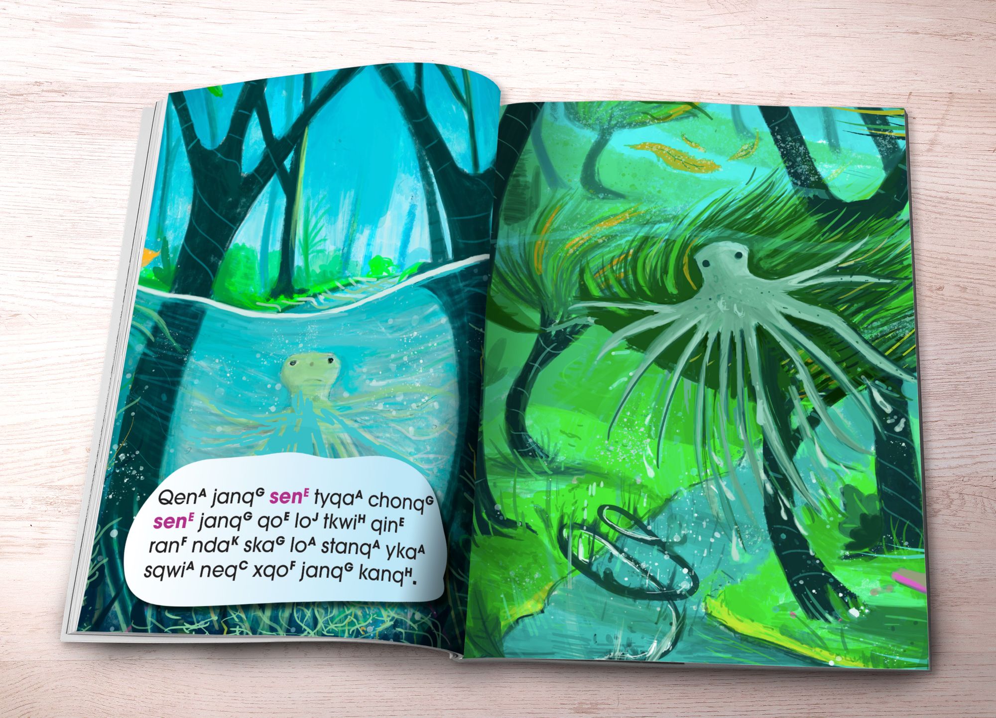 Photograph of two pages from a Chatino book. Both pages are covered in colorful, green and blue illustrations, showing on the left, a sea creature underwater in a forest and on the right, the creature is out of the water in the air and wind is blowing all around. On the left page are four lines of text in Chatino.