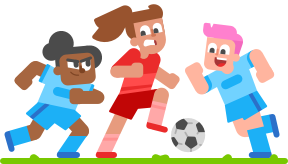 Illustration of three people playing soccer. Two are wearing blue jerseys, and one is wearing a red jersey.