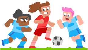 Illustration de trois personnes jouant au foot. Deux portent un maillot bleu, et la troisième porte un maillot rouge.