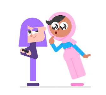 Illustration of Zari leaning over Lily's shoulder, looking at Lily on her cell phone, and looking curious