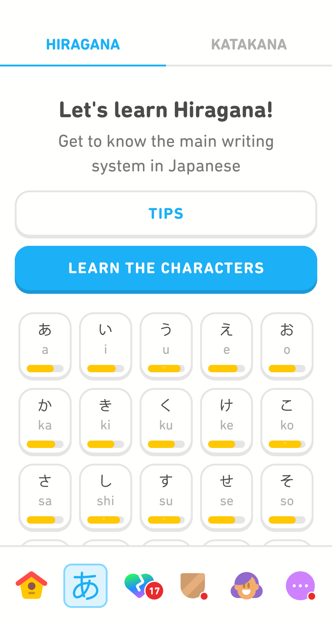 Screenshot of the practice tab. At the top it says "Let's practice Hiragana! Get to know the main writing system of Japanese" and below it are buttons for "Tips" and "Learn the characters." Most of the screen is a 5 x 3 row of "tiles" of the different hiragana characters and a Roman letter representing the sound they make. The tiles continue if you scroll down.