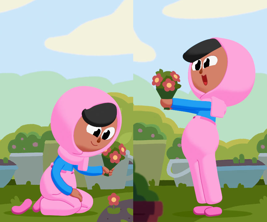 Duolingo character Zari rendered in 3D, picking flowers and raising the flowers in a bouquet. This version of Zari is much more lifelike than the typical 2D version many learners interact with daily.