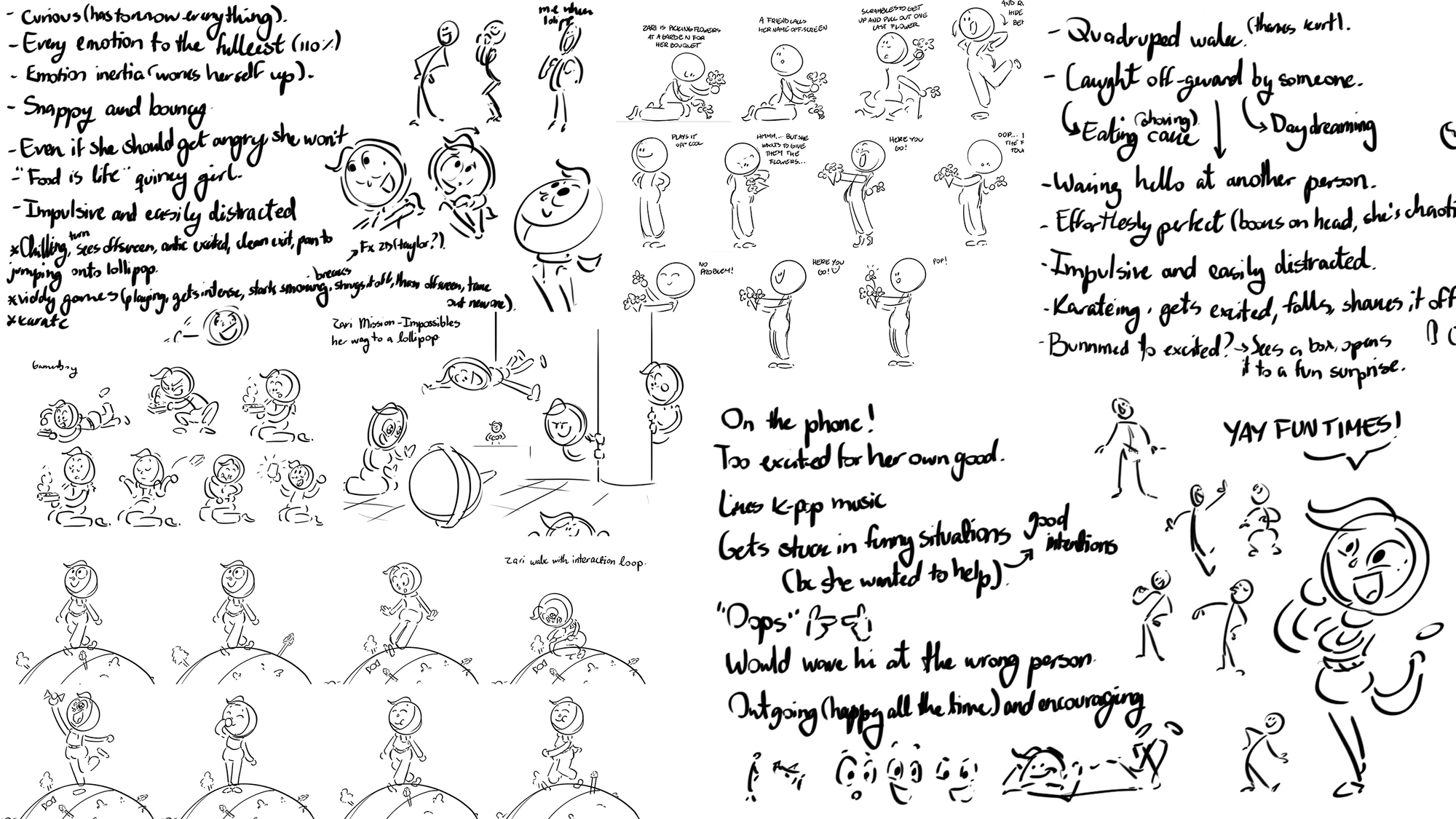 A page of sketches and brainstormed storylines for Zari