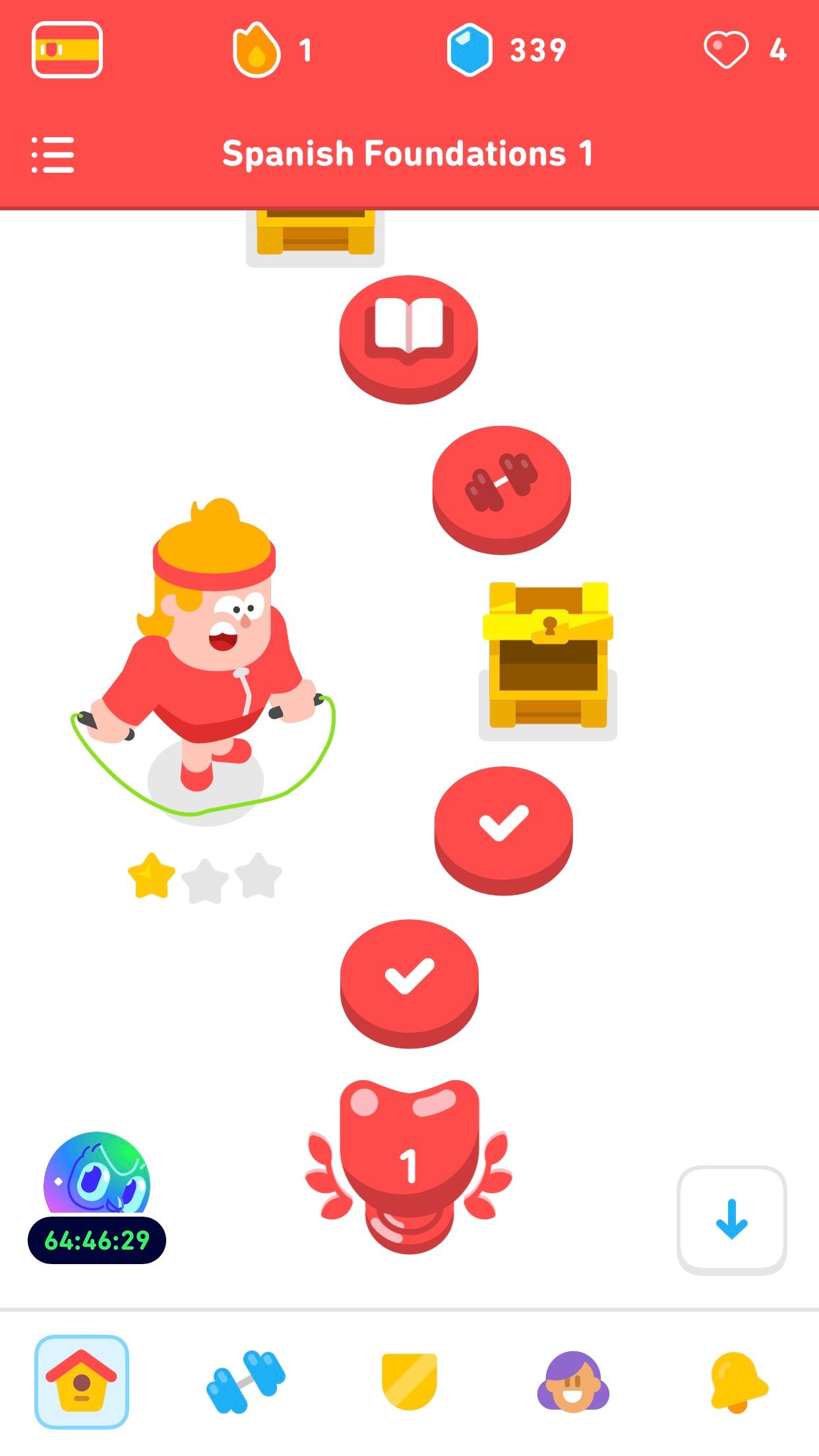 Screenshot of the Duolingo Spanish course. Eddy is jumping rope next to the nodes in the path, and one of the three stars below him is gold, while the last two are gray.