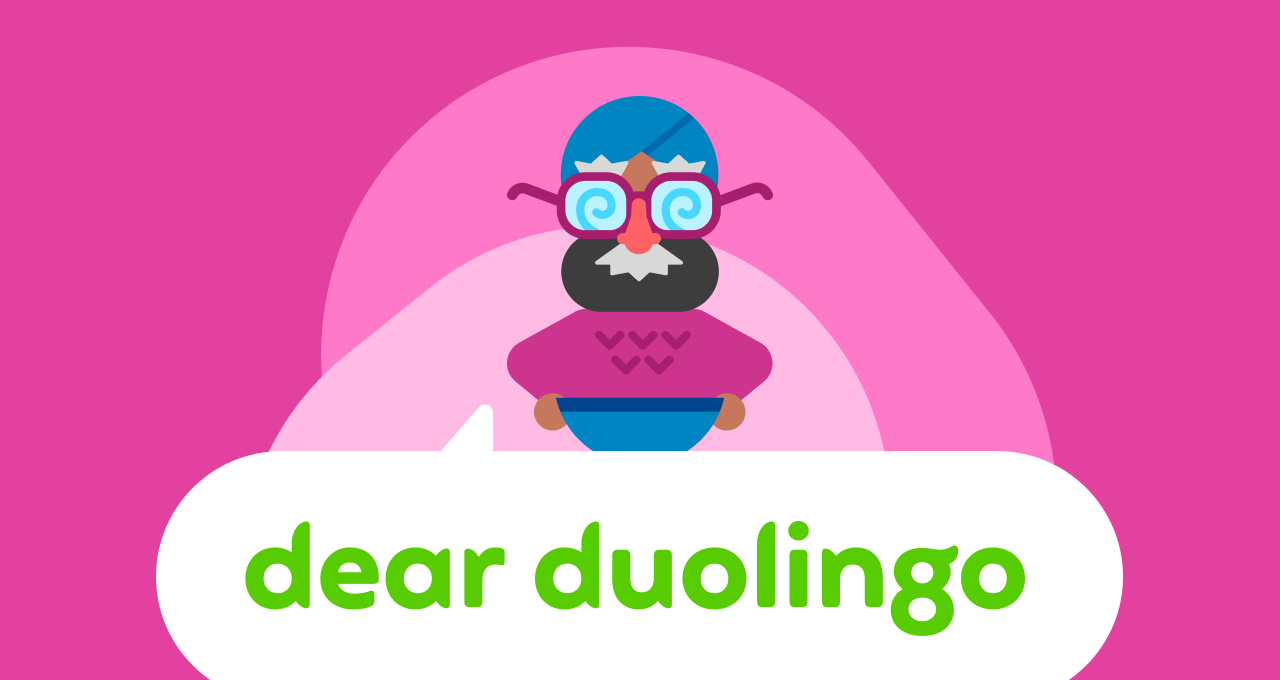 Illustration of Dear Duolingo logo with Vikram above the "Dear Duolingo" speech bubble wearing a disguise of glasses, a nose, and a mustache
