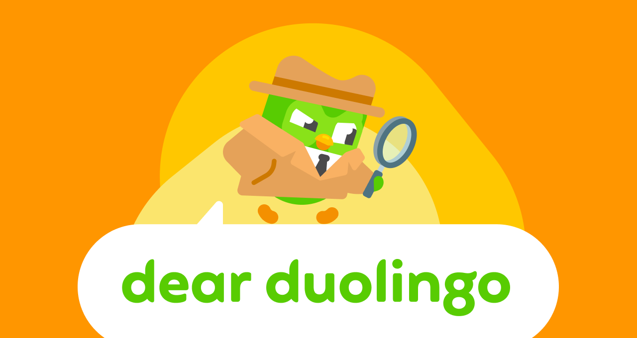 Illustration of the Dear Duolingo logo with Duo the owl dressed as a detective in a trenchcoat and hat and looking through a magnifying glass