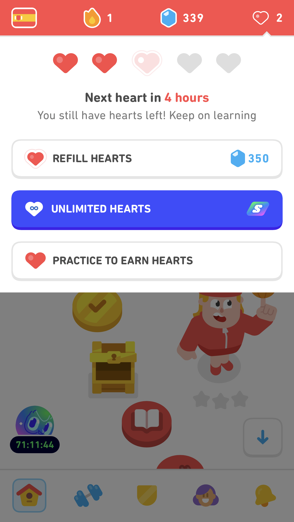 Screenshot of the hearts tab, which shows that this user has 2 out of 5 hears left. There are three options: refill hearts for 350 gems, get unlimited hearts with a Super subscription, or practice to earn hearts