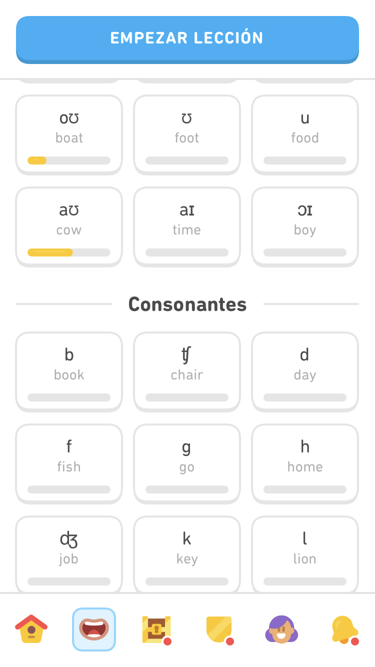 pantalla de la funcionalidad de pronunciación con las consonantes del inglés
