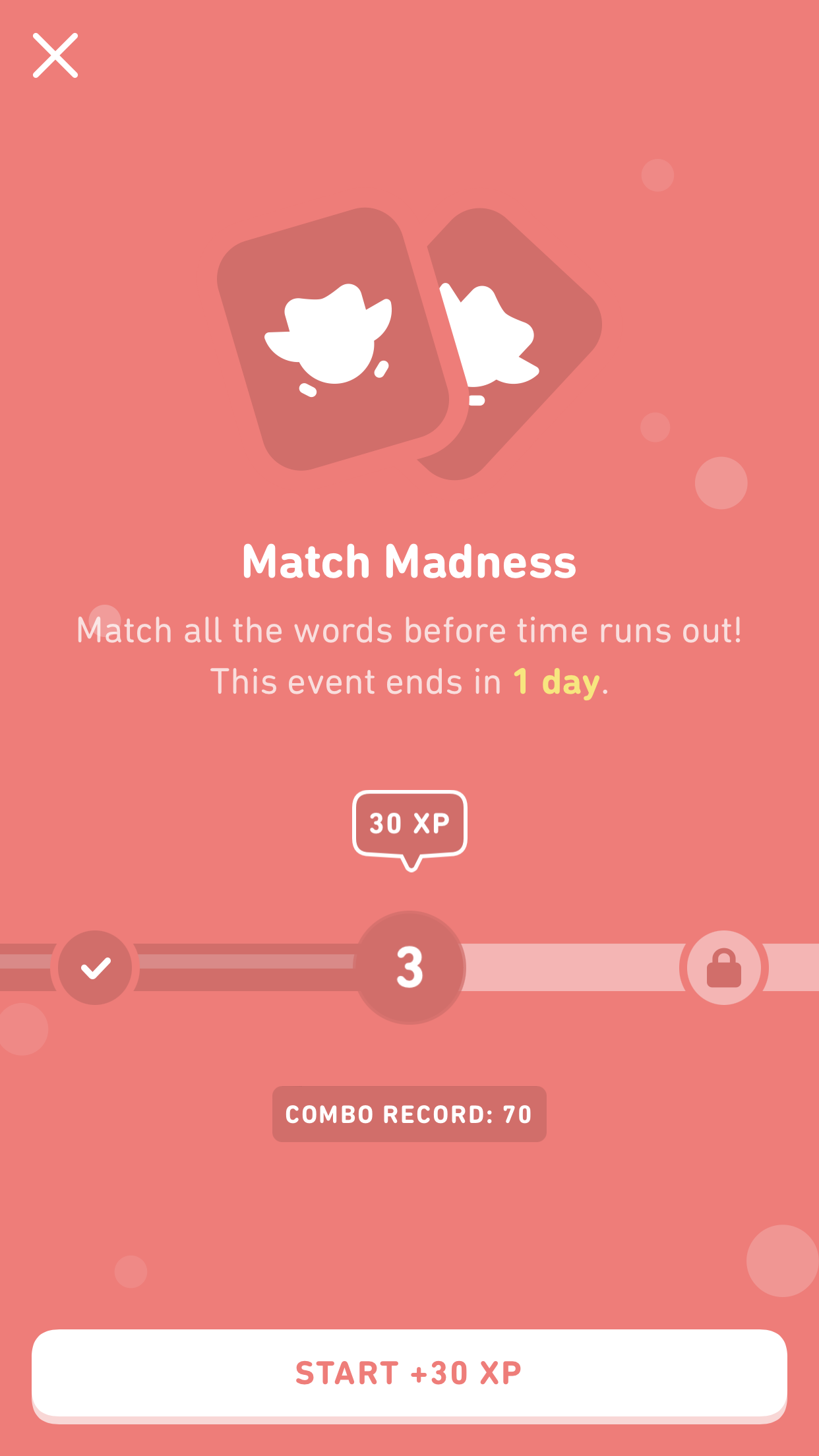 Screenshot of the March Madness screen, which reads 'Match all the words before time runs out! This event ends in 1 day.' Stages 1 and 2 have been completed, and stage three is up next, where you can earn 30XP.