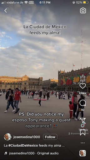 screenshot of an Instagram reel, which shows the central plaze in Mexico City. The text on the image says 'La ciudad de México feeds my alma!' and 'PS. Did you notice my esposo Tony making a guest appearance?'