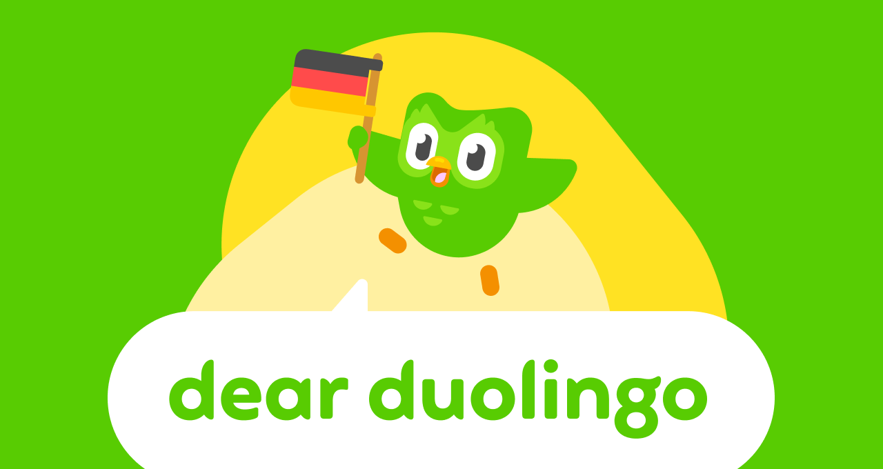 Dear Duolingo logo with Duo the owl skipping on top of it, holding a small German flag