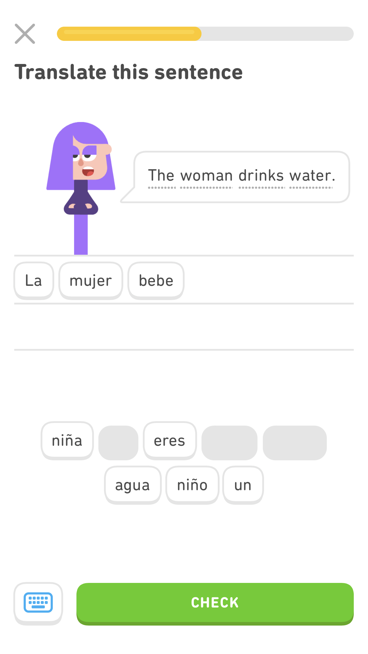 screenshot of an exercise with the English sentence 'The woman drinks water.' The Spanish equivalent is partially formed by the word tiles below, which read 'La mujer bebe.'