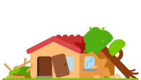 Illustration of a house that is in bad shape: Its door is falling off the hinges, a tree has fallen on the roof, a windowpane is cracked, and there is wood and debris in a bush next to the house.