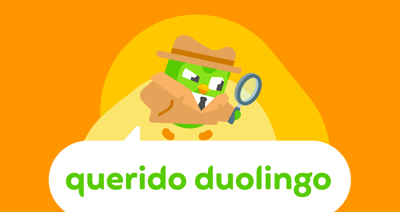 Ilustração da logomarca do Querido Duolingo com o Duo, a coruja. Ele está usando um casaco de detetive e um chapéu, e está olhando através de uma lupa.