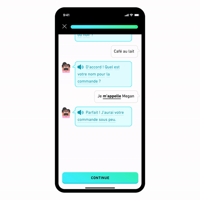 A gif showing part of the Role Play experience. After finishing a conversation with Oscar, a Duo avatar pops up and analyzes the learner's conversation. It offers a report on how they did and suggestions on how to improve. 