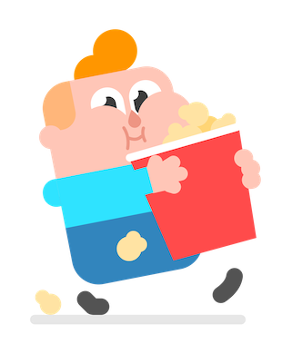 Illustration of Duolingo character Junior walking with a huge bucket of popcorn. The popcorn is overflowing and his cheeks look full, like he's stuffed full of popcorn.
