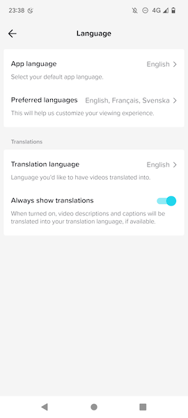 Screenshot of the Language settings in the TikTok app to allow you to list preferred languages and translation settings