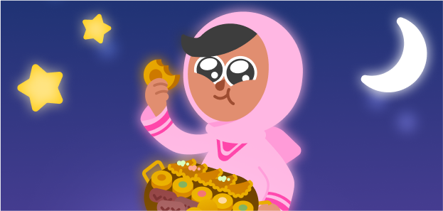 Illustration of Duolingo character Zari wearing a pink hijab and holding a tray of food including sambusas and sweets. It's nighttime, and the moon and stars are visible in the sky behind her.