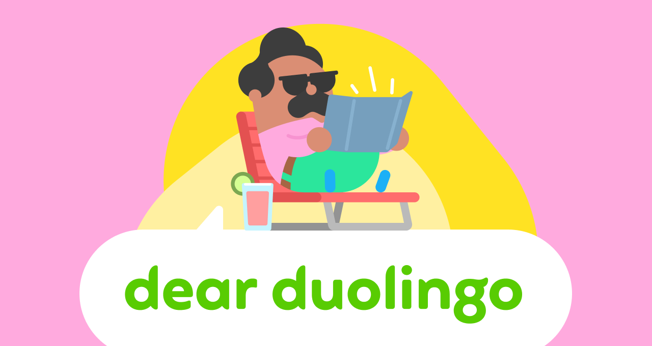 Illustration of the Dear Duolingo logo with Oscar sitting on top in a folding chair with a pink lemonade by his side. He's wearing sunglasses and is holding a reflective screen to get more sunrays.