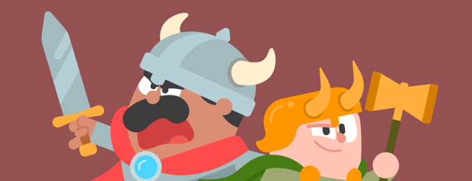 Dos personajes de Duolingo, Óscar y Junior, posando espalda contra espalda. Están usando cascos vikingos con cuernos y capas. Óscar tiene una espada y está gritando. Junior tiene un hacha de doble filo.