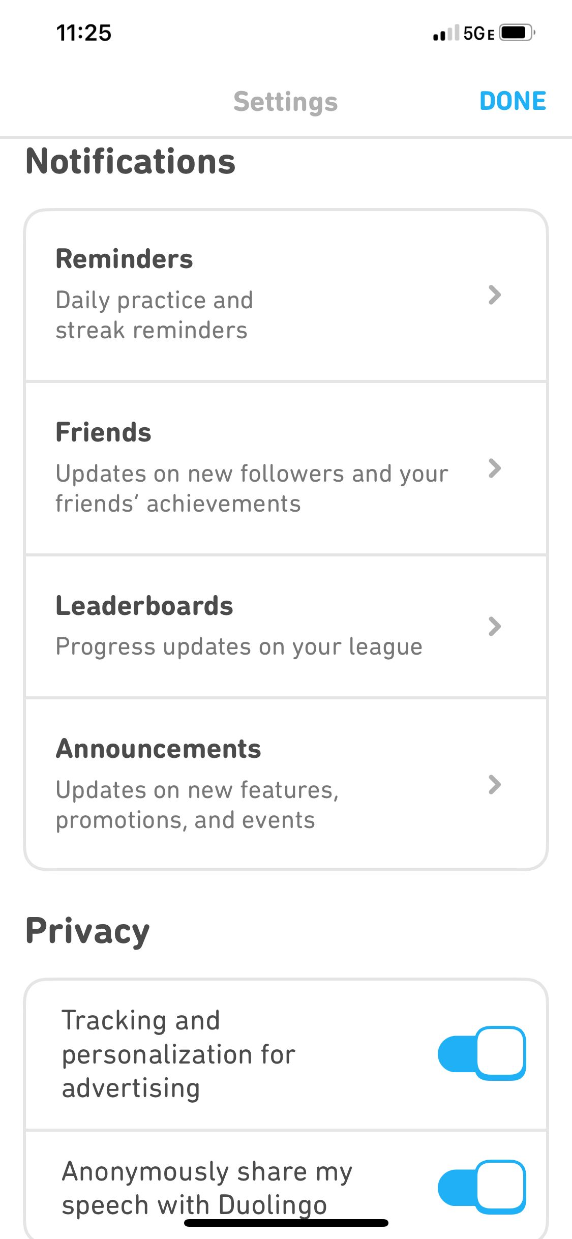 Screenshot of the Duolingo settings page with options to change settings for Reminders, Friends, Leaderboard, and Announcements.