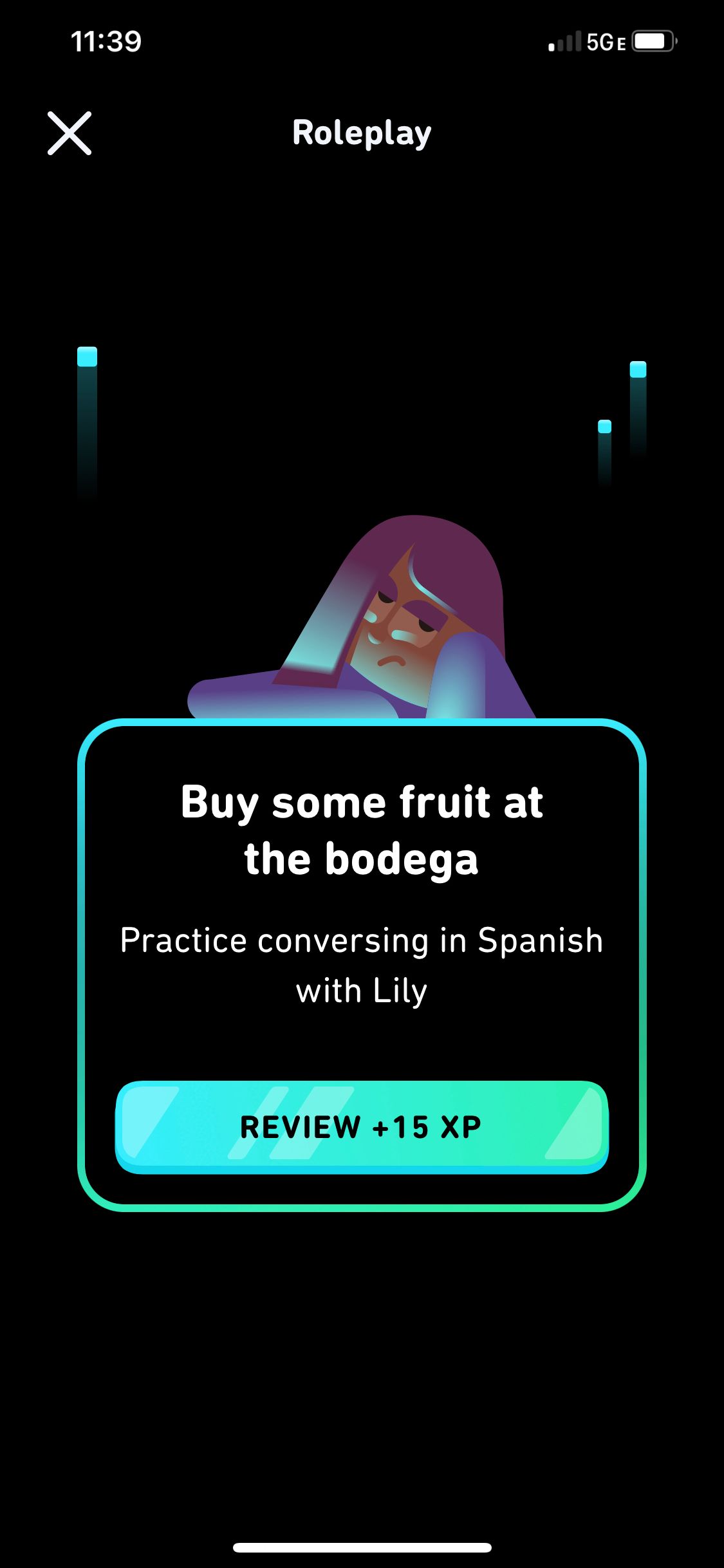 Screenshot of the Roleplay screen in Duolingo's premium subscription, Duolingo Max, with Lily leaning on top of a message that says "Buy some fruit at the bodega, Practice conversing in Spanish with Lily".