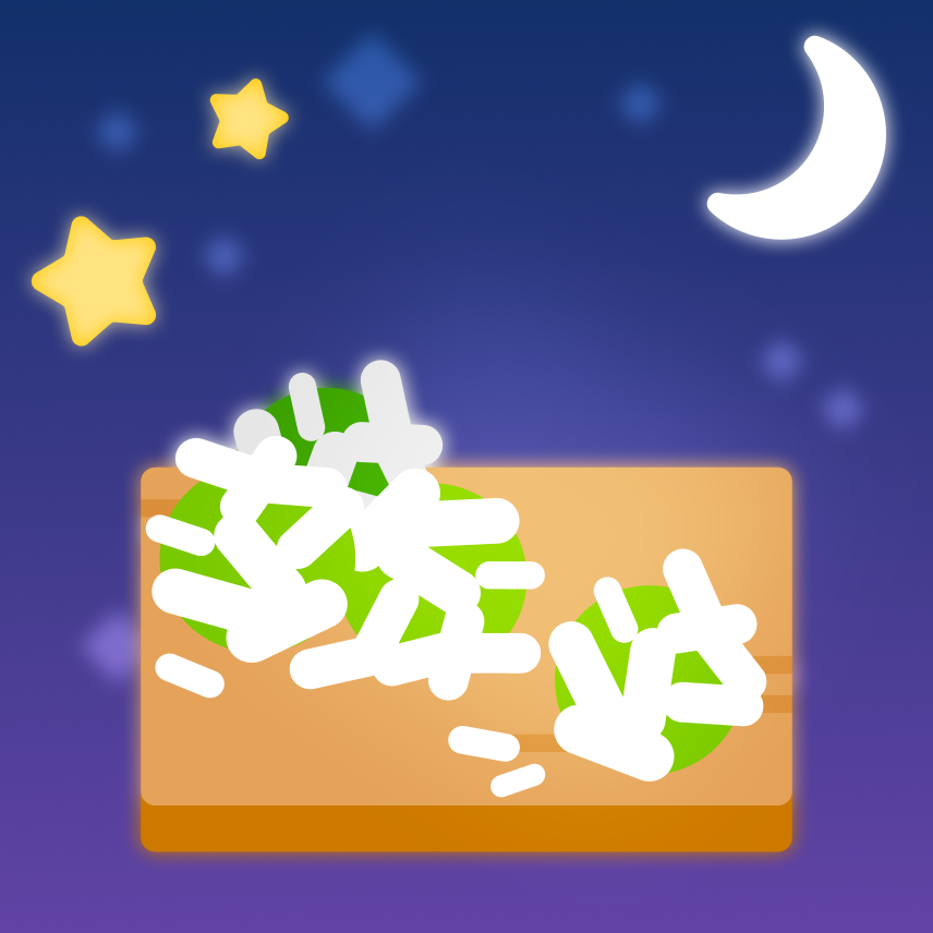Illustration against a night sky of a wooden tray of little green balls covered in white grated coconut