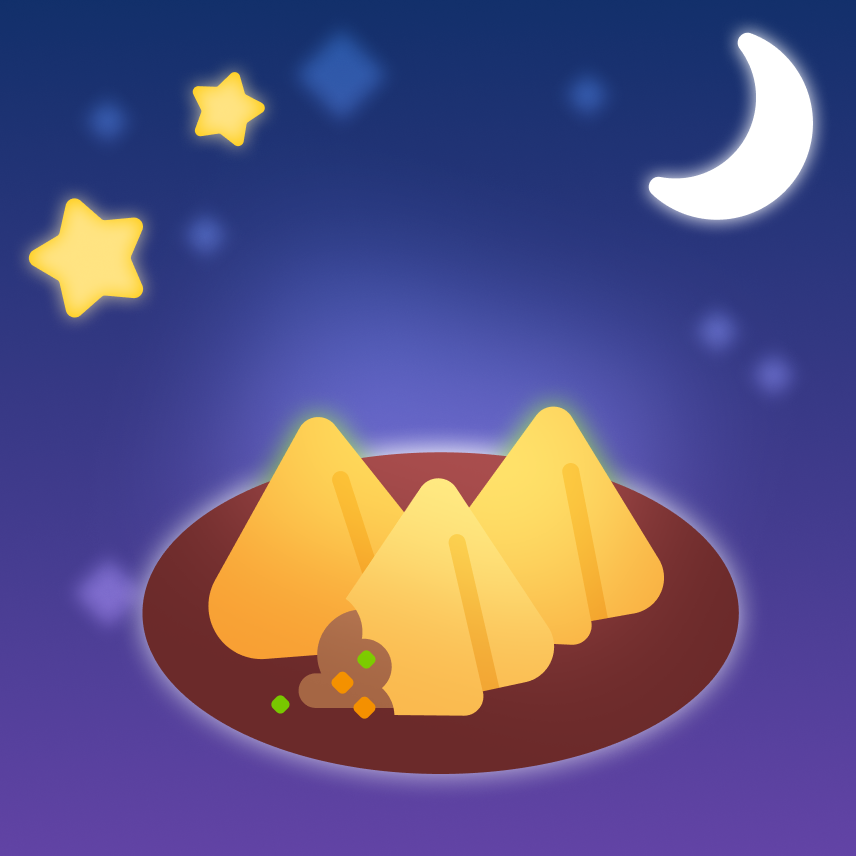 Illustration against a night sky of a plate of three fried triangular shapes, with a little bit of filling peeking out of one