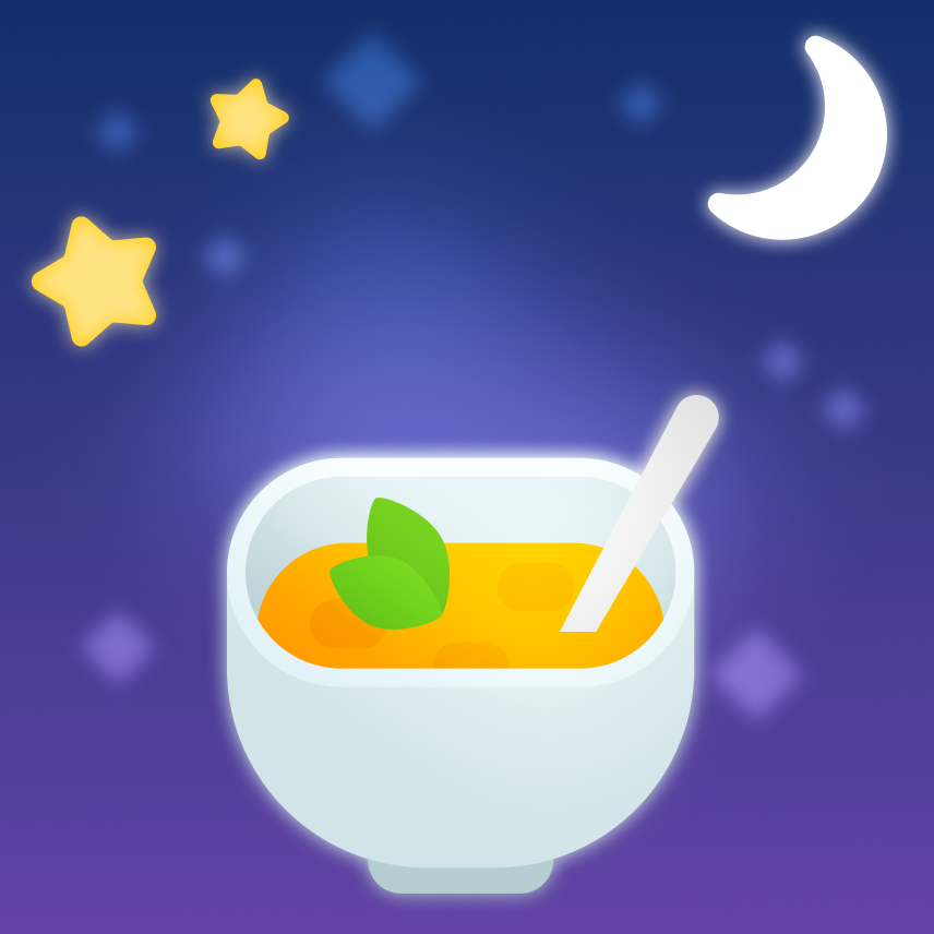Illustration against a night sky of a bowl of soup with a spoon and little green leaves as garnish on top