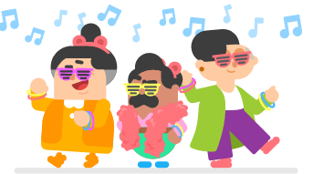 Illustration of Duolingo characters Lucy, Oscar, and Lin wearing bright clothes, neon-colored sunglasses, and dancing under musical notes