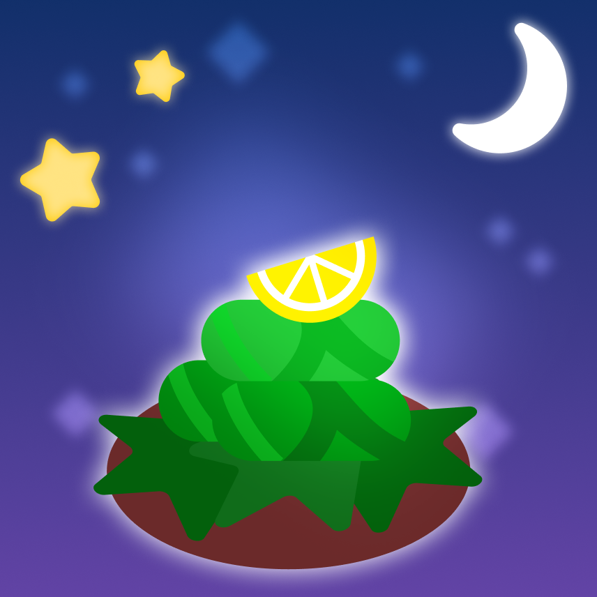 Illustration against a night sky of a plate of flatter green star-like shapes and several rounded green balls piled on top. At the very top of the mound of warak enab is a slice of lemon.