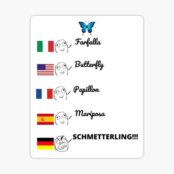 Image listing the words for butterfly in several languages: "farfalla" in Italian, "butterfly" in English, "papillon" in French, "mariposa" in Spanish, and "Schmetterling" in German. For Italian, English, French, and Spanish, there is a slightly smiling face next to the pretty cursive font of the word for "butterfly," and next to German is an angry screaming face and the word is in bold and all caps