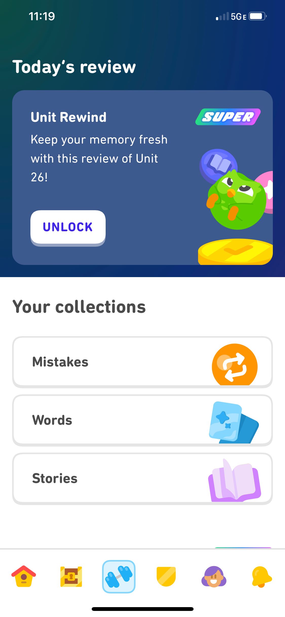 Screenshot of the Duolingo Practice Hub, where you can complete a Unit review, do a lesson of previous mistakes, practice words you've learned, or review a Story.