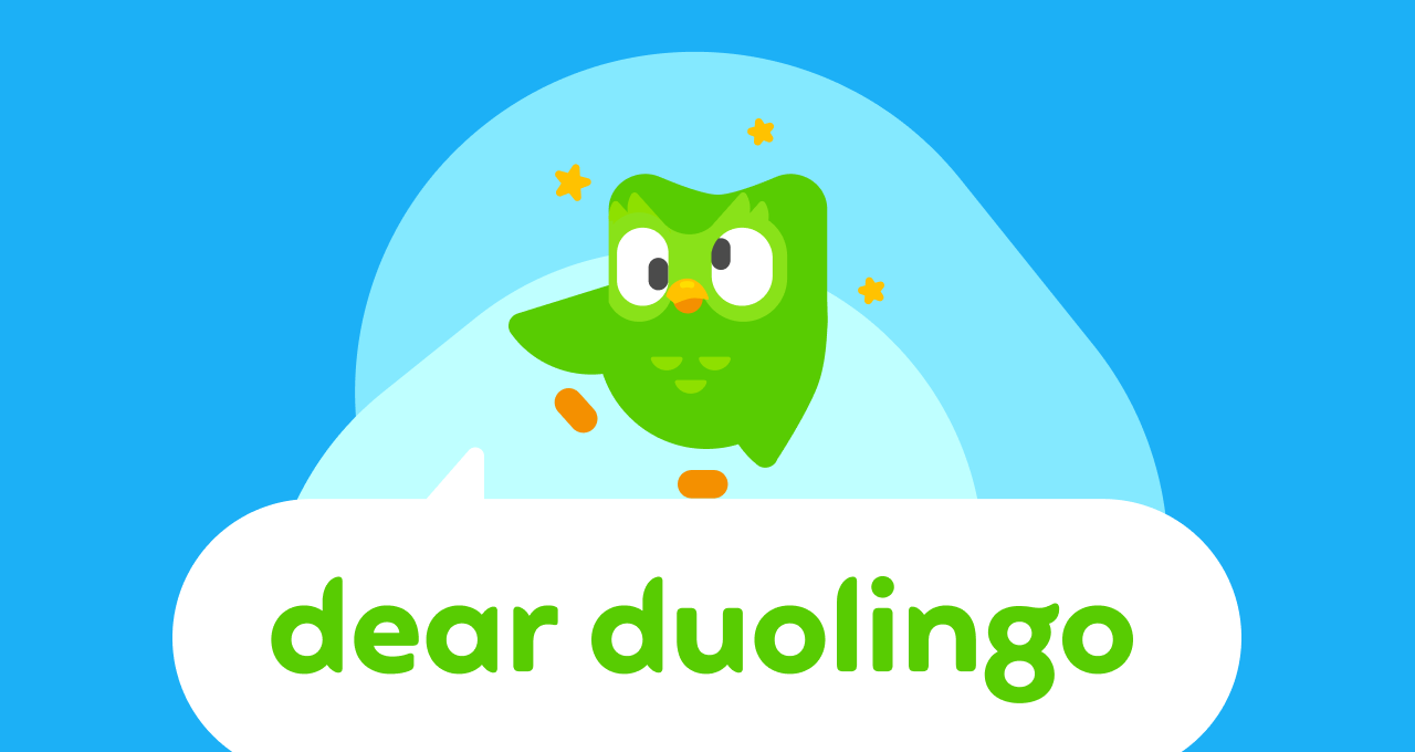 Illustration of the Dear Duolingo logo with Duo the owl standing on top looking dizzy