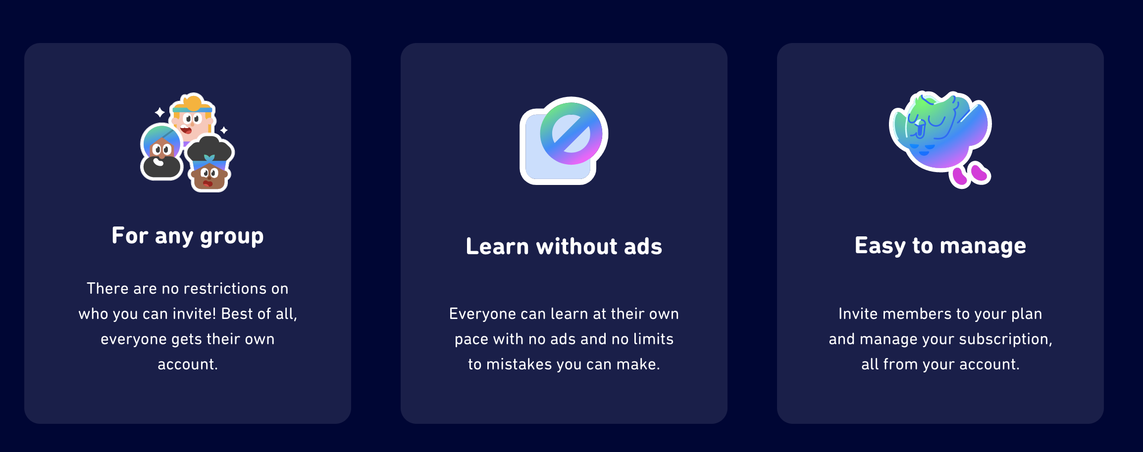 A screenshot showing the 3 main benefits of the Family Plan. 1) For any group, there are no restrictions on who you can invite. 2) Learn without ads. 3) Easy to manage.