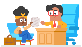 Duolingo character Bea handing her resume to a manager. The manager is sitting in a large office chair behind a wooden desk.
