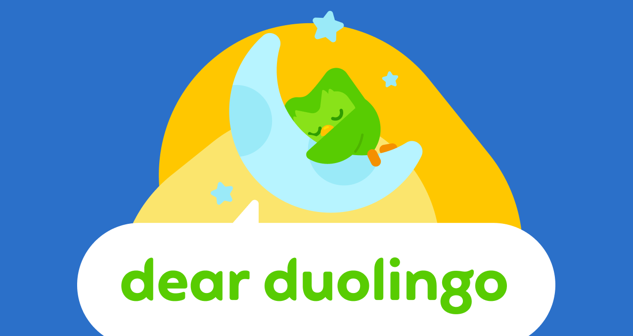 Illustration of the Dear Duolingo logo, with a crescent moon hanging above the logo and a little sleeping Duo nestled in the nook of the moon
