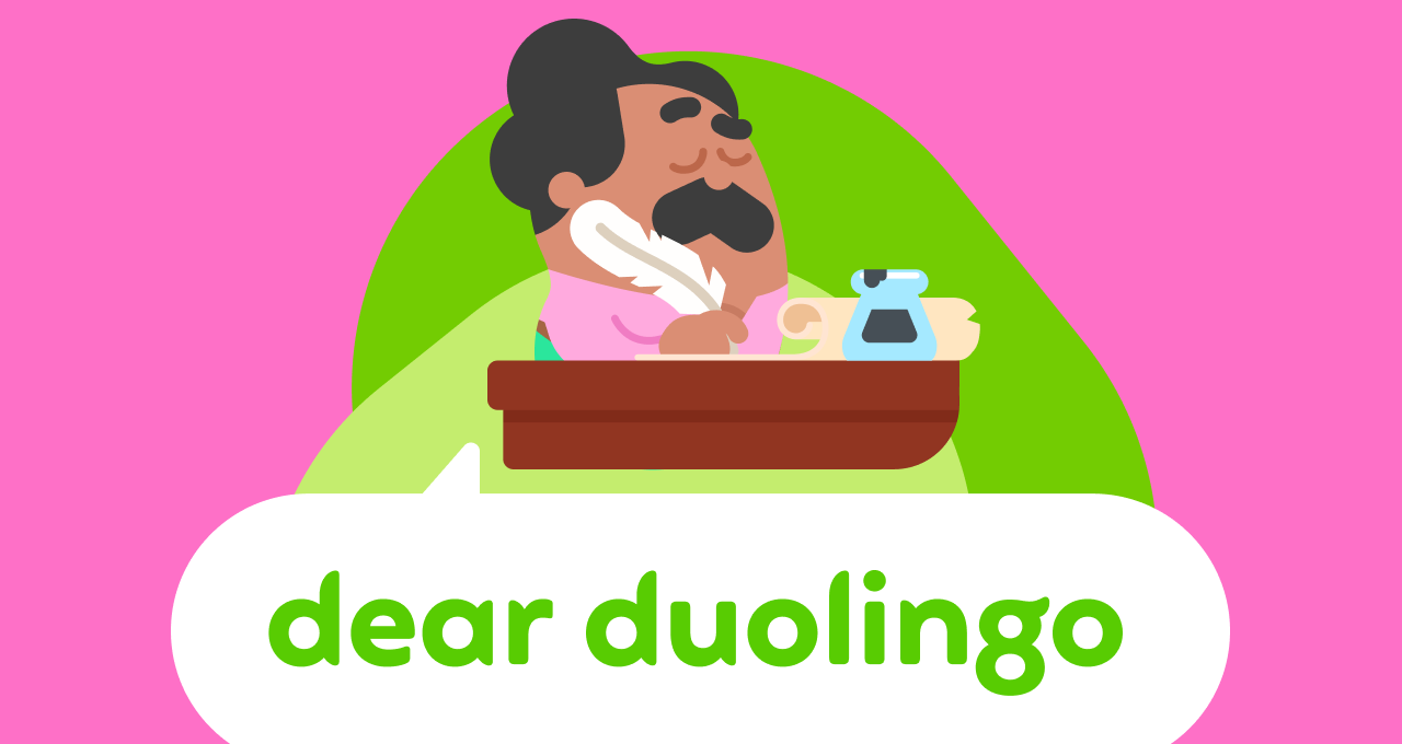 Illustration of the Dear Duolingo logo with Oscar sitting atop it writing at a desk with a quill pen and inkwell