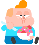 Illustration of Duolingo character Junior sitting on the floor with a big bowl of strawberry ice cream covered with sprinkles. He is holding a spoon and his cheeks are puffed out, full of ice cream