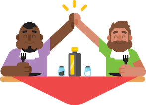 Illustration of two smiling men sitting at a restaurant table. They have their napkins tucked into their shirts like bibs and are giving each other a high five