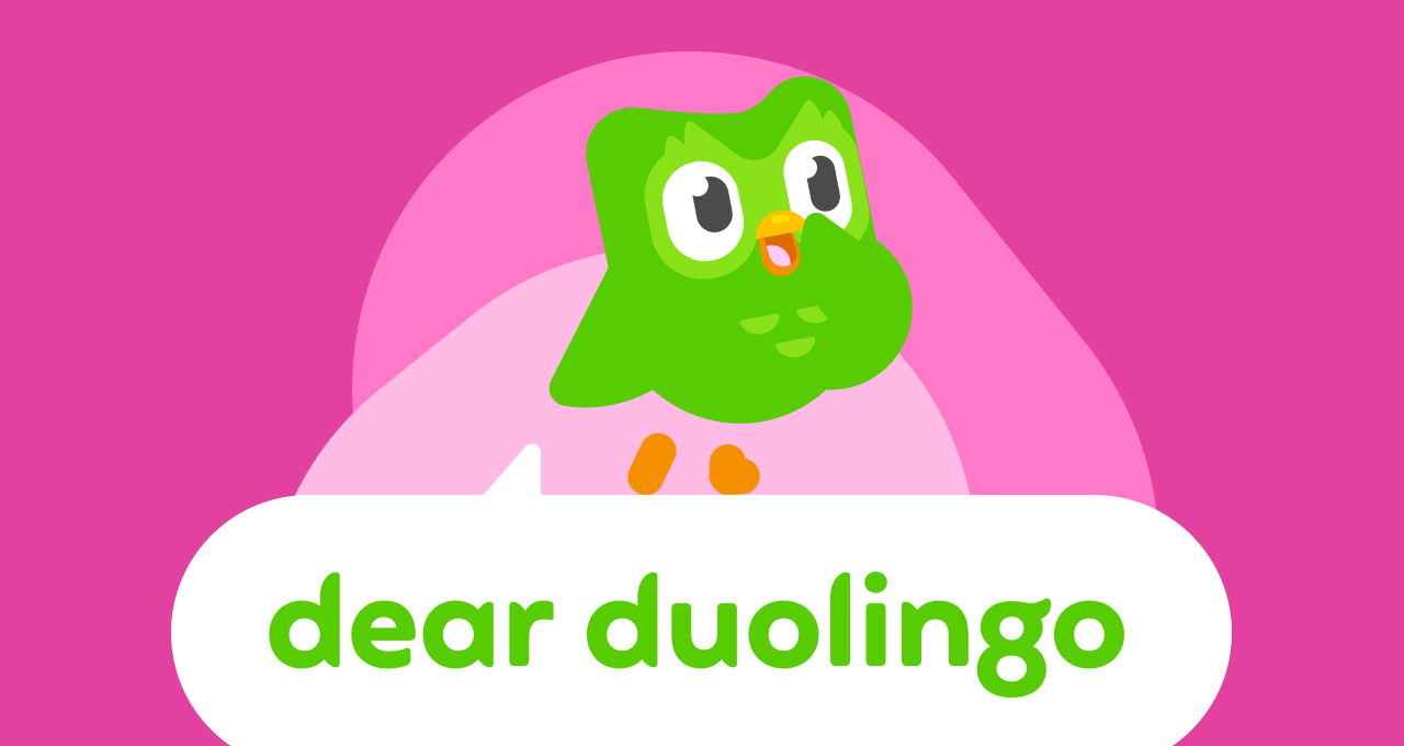 Illustration of the Dear Duolingo with a happy, curious Duo the owl standing on top of it