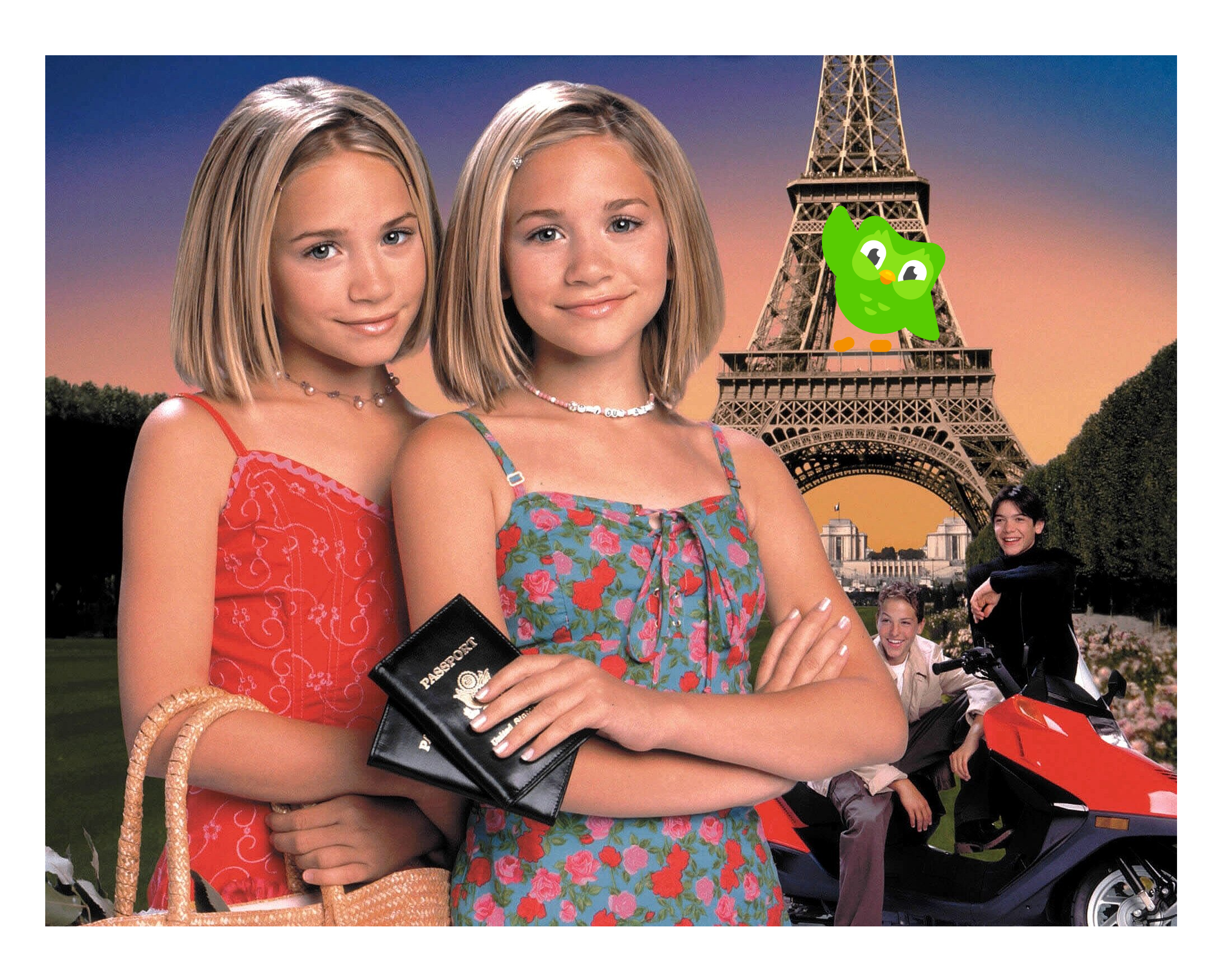 Image from the promotion for "Passport in Paris," with Mary Kate and Ashley Olsen standing in front of the Eiffel Tower, where the Duolingo owl is photoshopped and waving to them