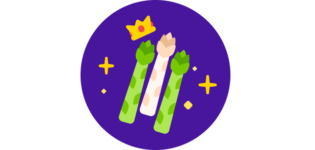 Illustration of 3 asparagus spears, 2 green and 1 white, surrounded by sparkles. There is a small crown floating above a spear.